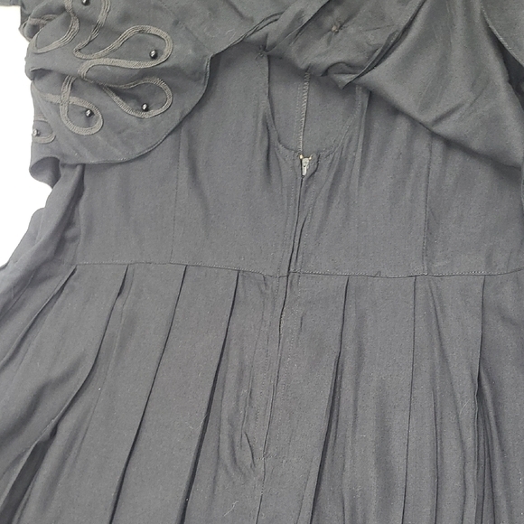 Vintage Gothic Black Scalloped Maxi Dress Mobwife Estate Beaded Ribbon Bodice - Picture 7 of 14